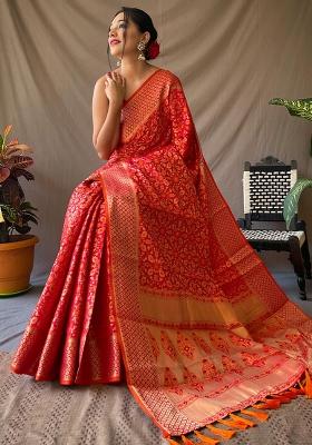 Red Solid Silk Blend Saree Set
