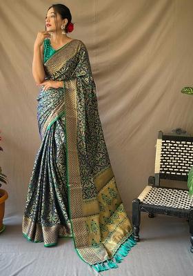 Navy Blue Solid Silk Blend Saree Set
