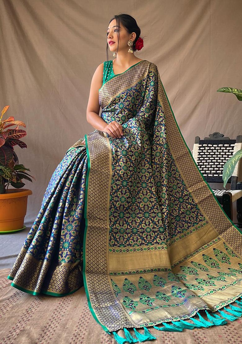 Navy Blue Solid Silk Blend Saree Set