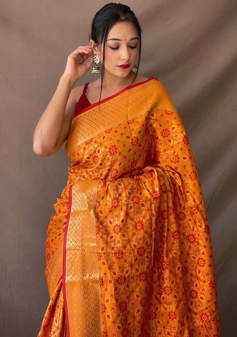 Orange Solid Silk Blend Saree Set