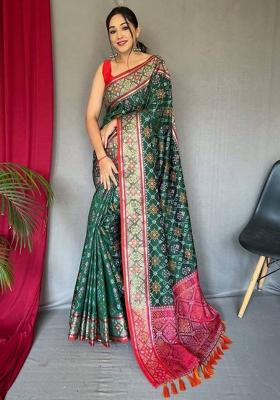 Green Solid Silk Blend Saree Set