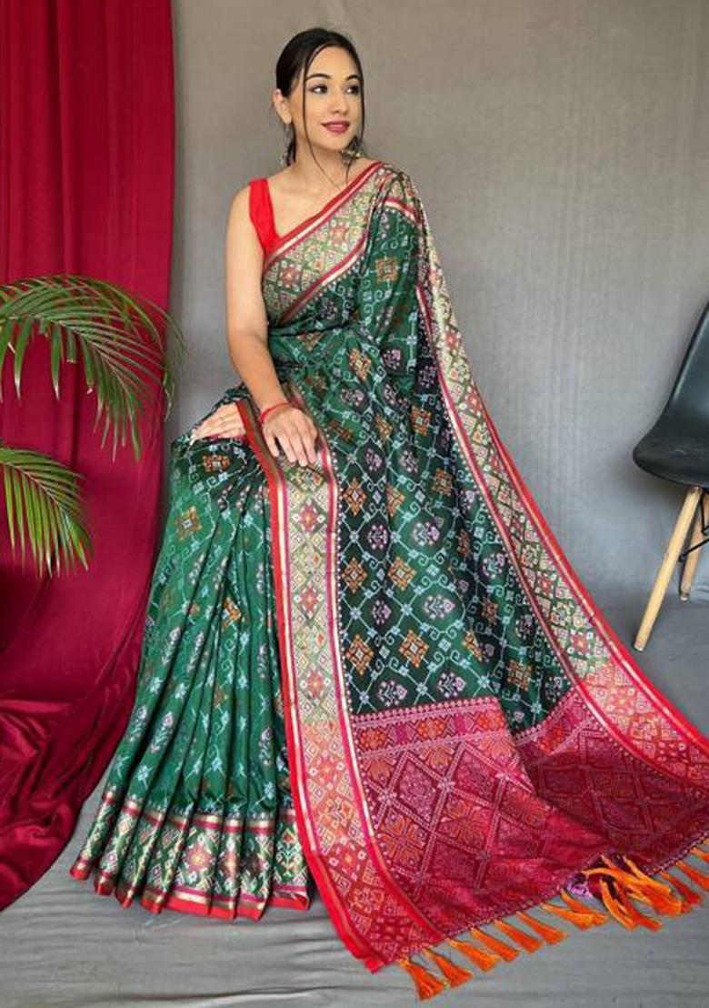 Green Solid Silk Blend Saree Set