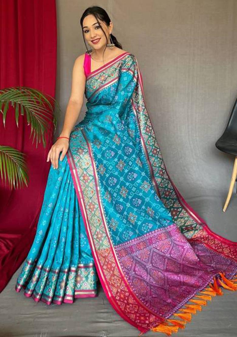 Firozi Blue Solid Silk Blend Saree Set
