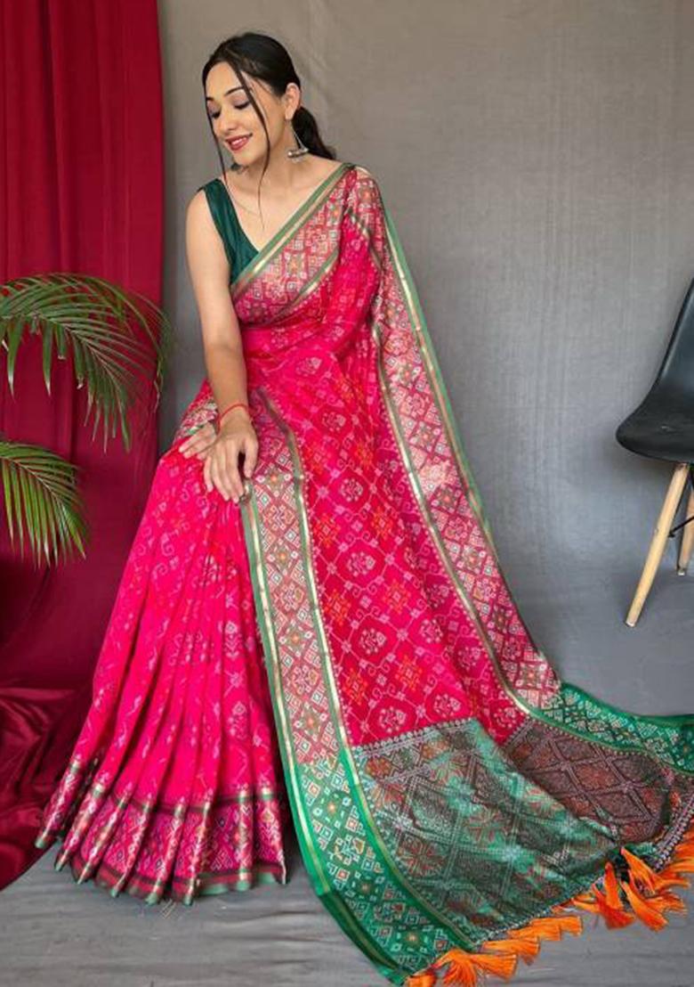 Pink Solid Silk Blend Saree Set