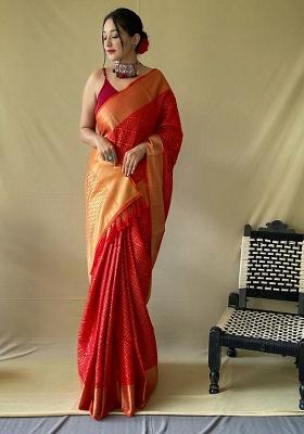 Red Solid Silk Blend Saree Set