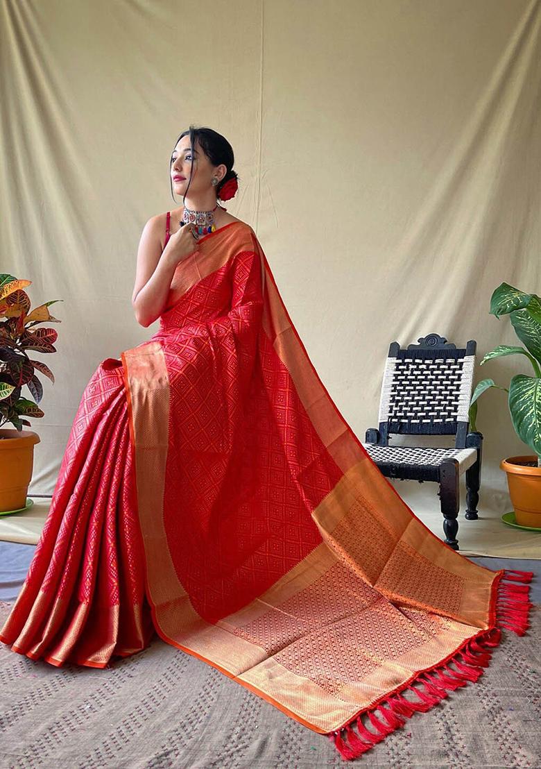 Red Solid Silk Blend Saree Set
