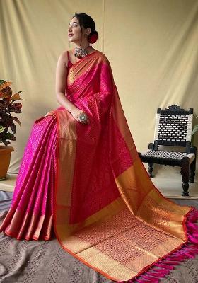 Pink Solid Silk Blend Saree Set