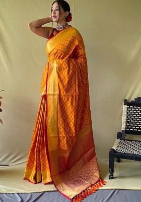 Orange Solid Silk Blend Saree Set