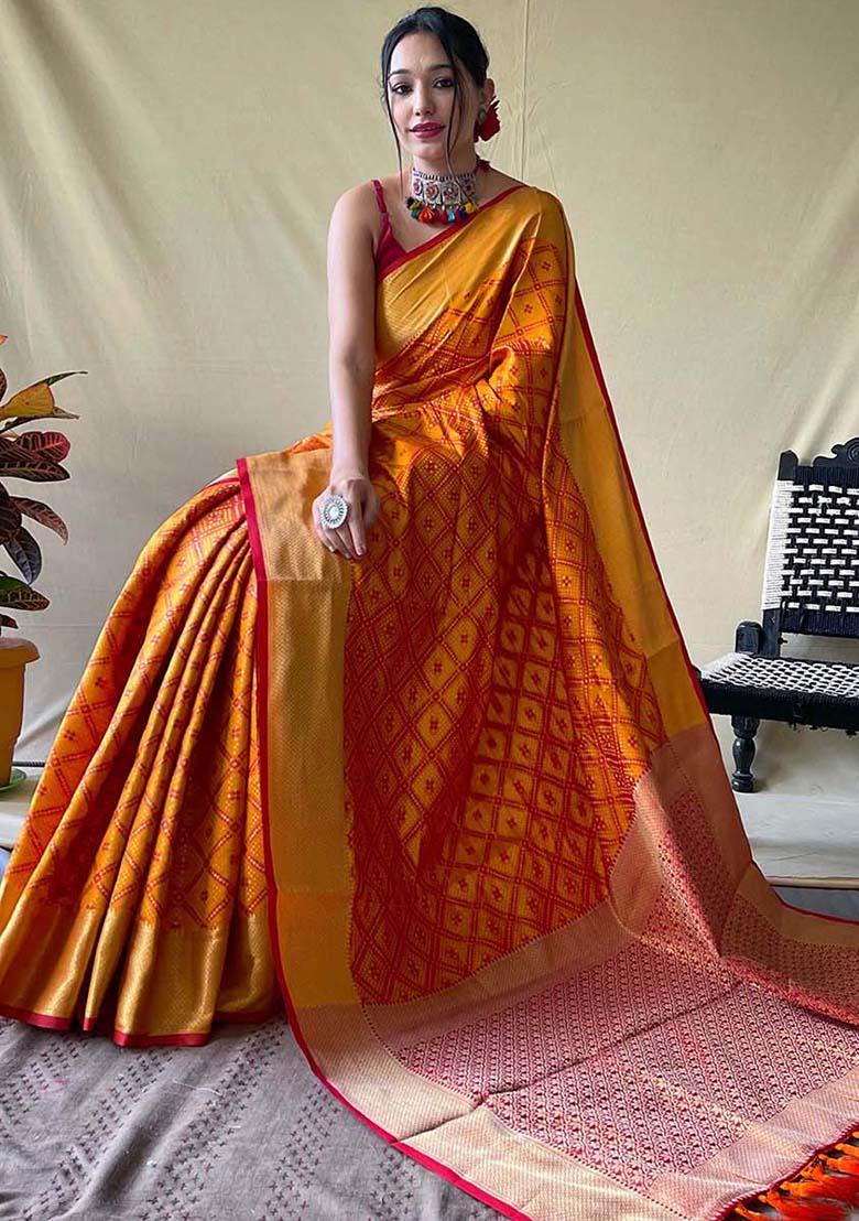 Orange Solid Silk Blend Saree Set