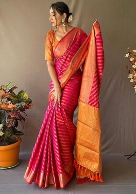 Pink Solid Silk Blend Saree Set