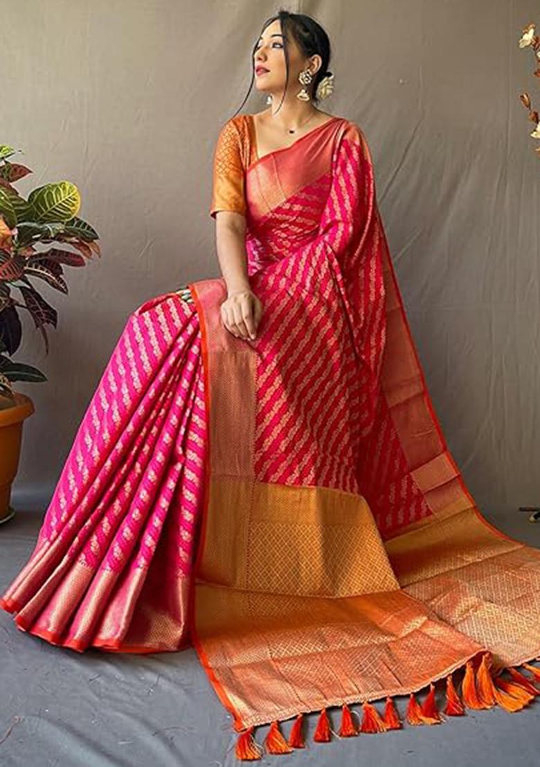 Pink Solid Silk Blend Saree Set