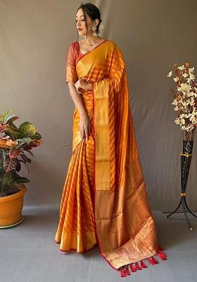 Orange Solid Silk Blend Saree Set