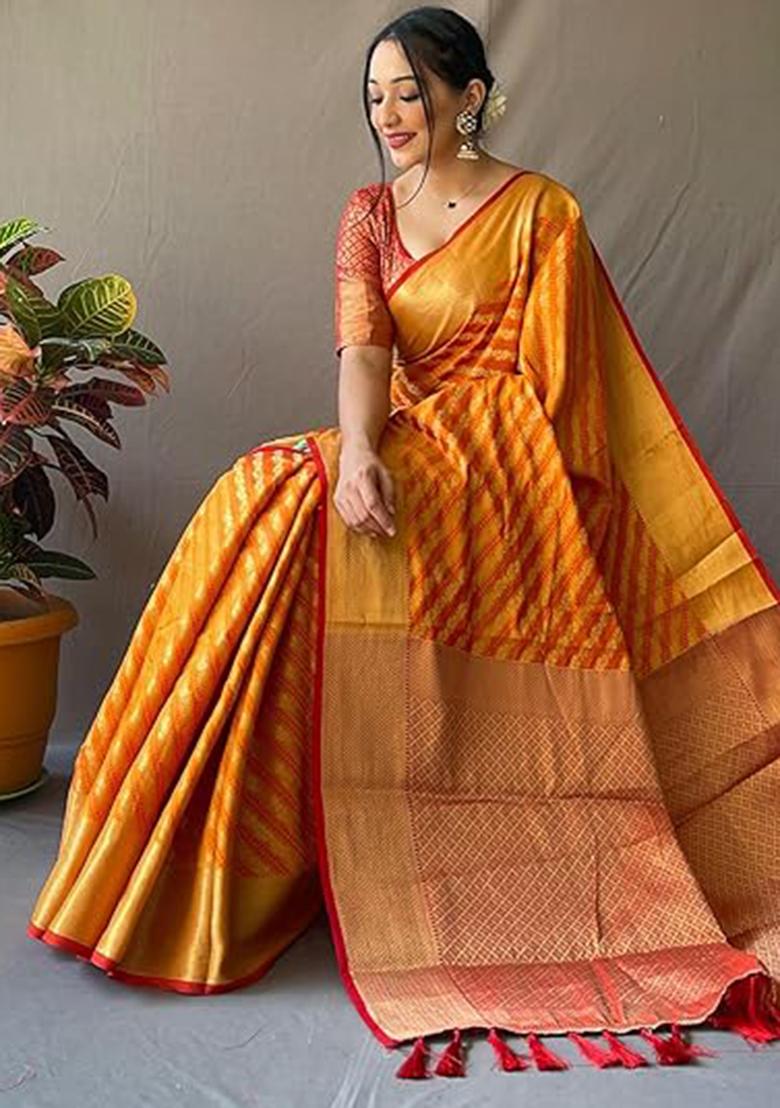 Orange Solid Silk Blend Saree Set