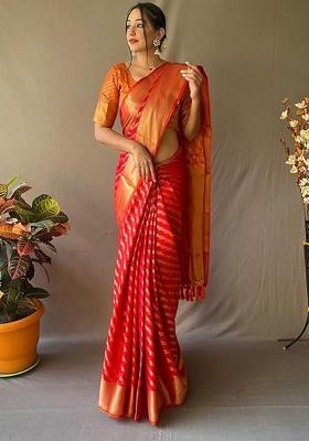 Red Solid Silk Blend Saree Set