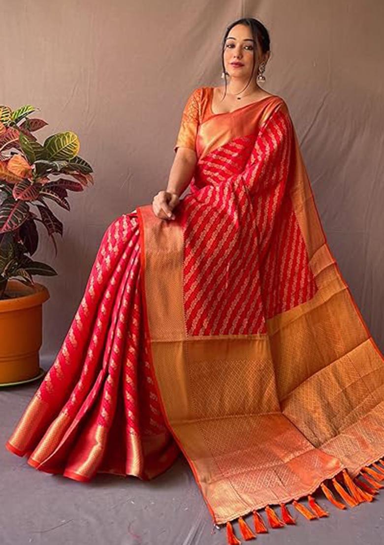 Red Solid Silk Blend Saree Set