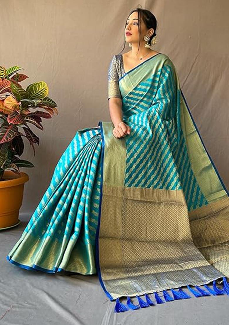 Firozi Blue Solid Silk Blend Saree Set