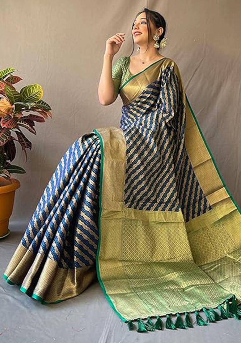 Navy Blue Solid Silk Blend Saree Set