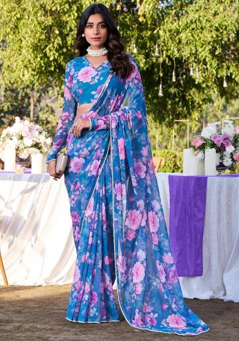 Blue Printed Poly Blend Saree Set