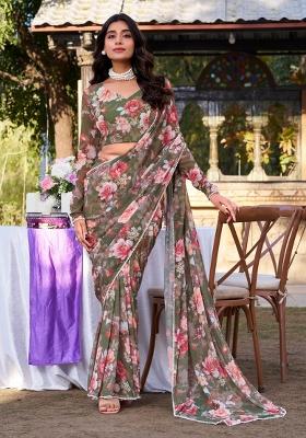 Mehendi Green Printed Poly Blend Saree Set