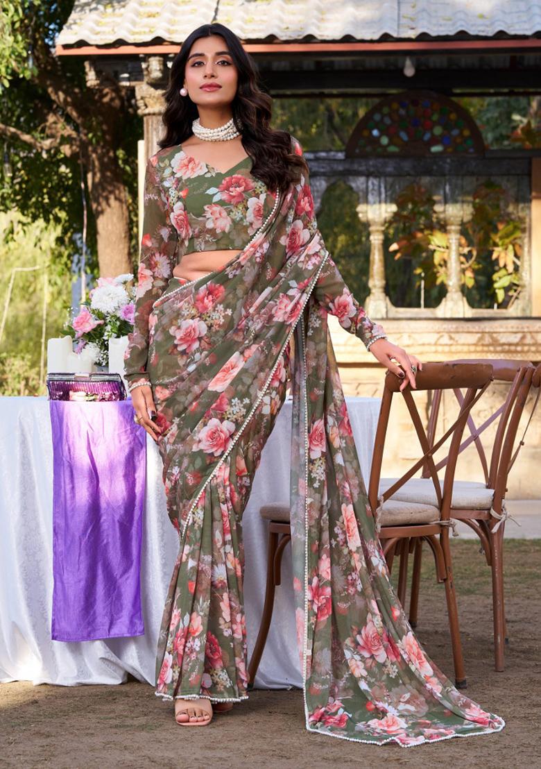 Mehendi Green Printed Poly Blend Saree Set