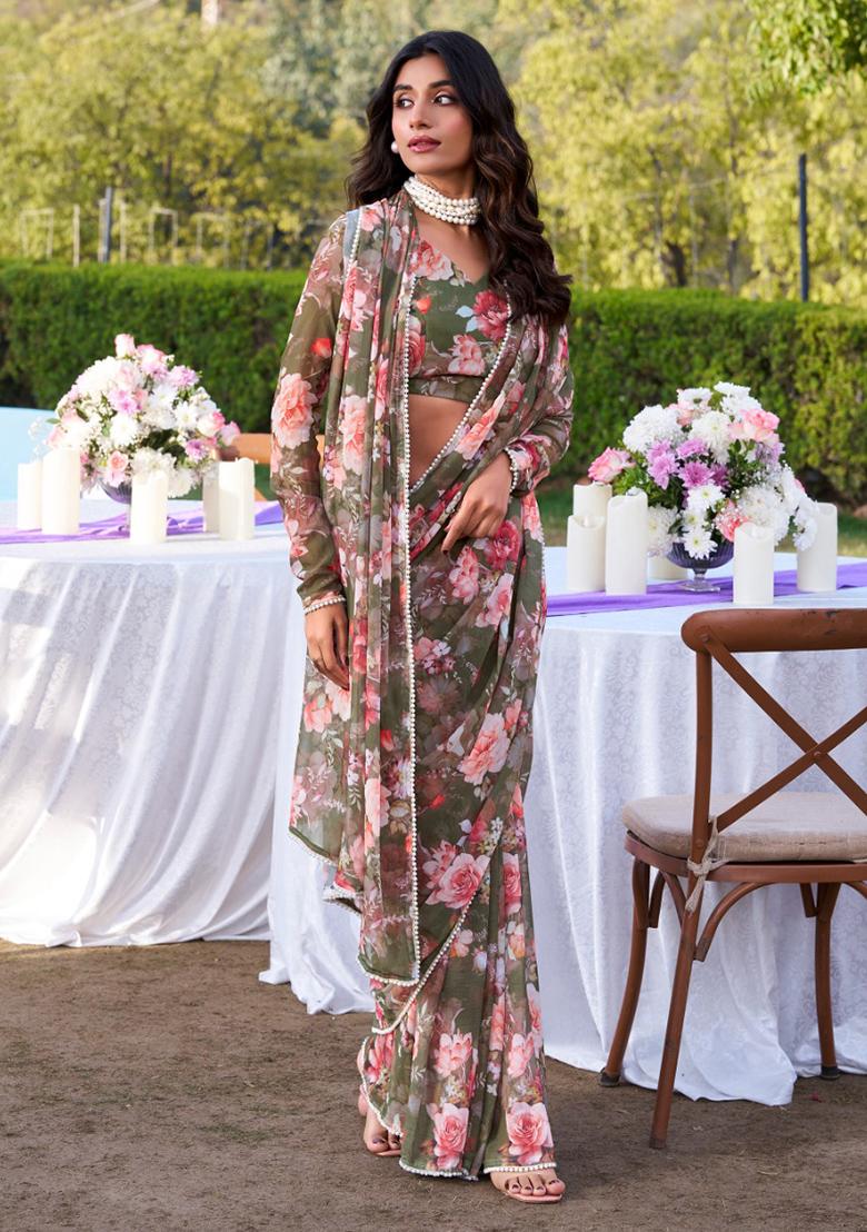 Mehendi Green Printed Poly Blend Saree Set