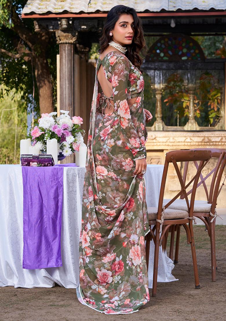 Mehendi Green Printed Poly Blend Saree Set