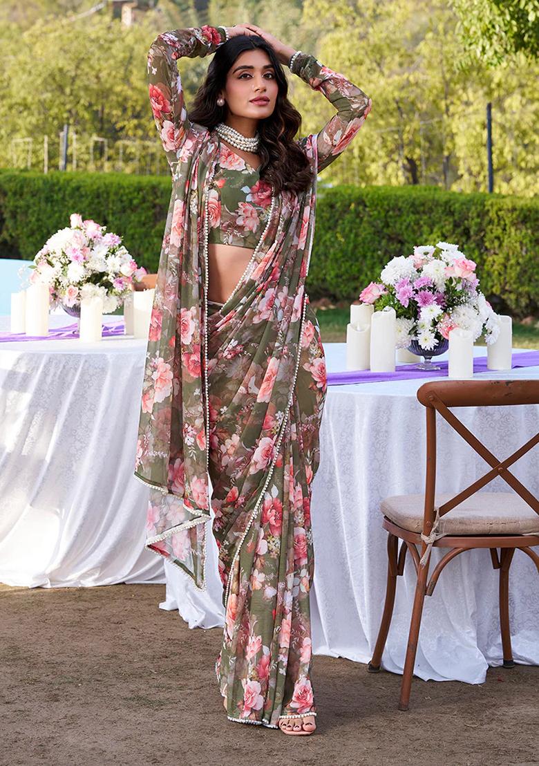 Mehendi Green Printed Poly Blend Saree Set