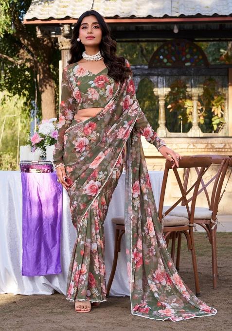 Mehendi Green Printed Poly Blend Saree Set