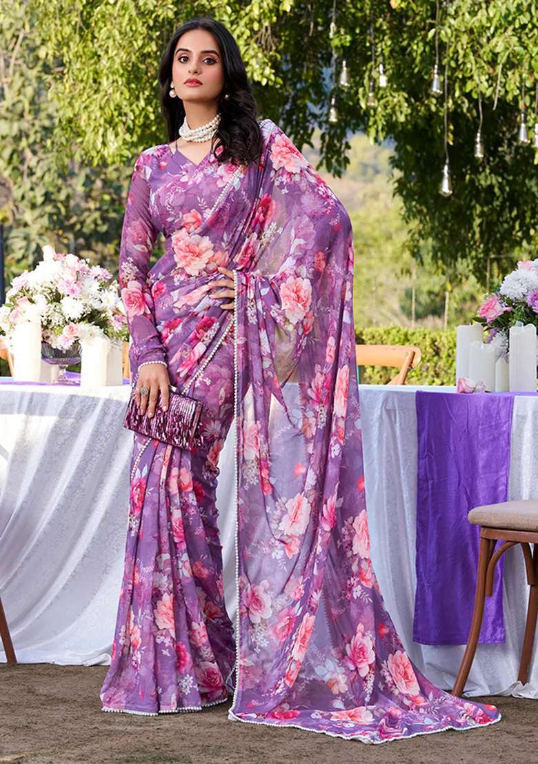 Onion Pink Printed Poly Blend Saree Set - Indya