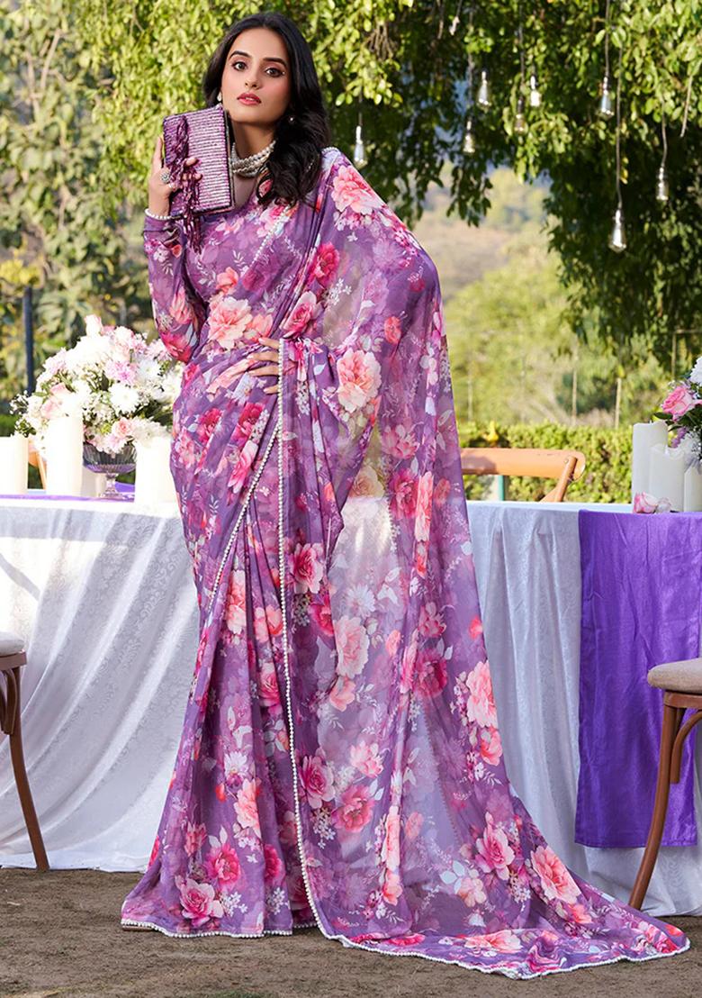 Onion Pink Printed Poly Blend Saree Set