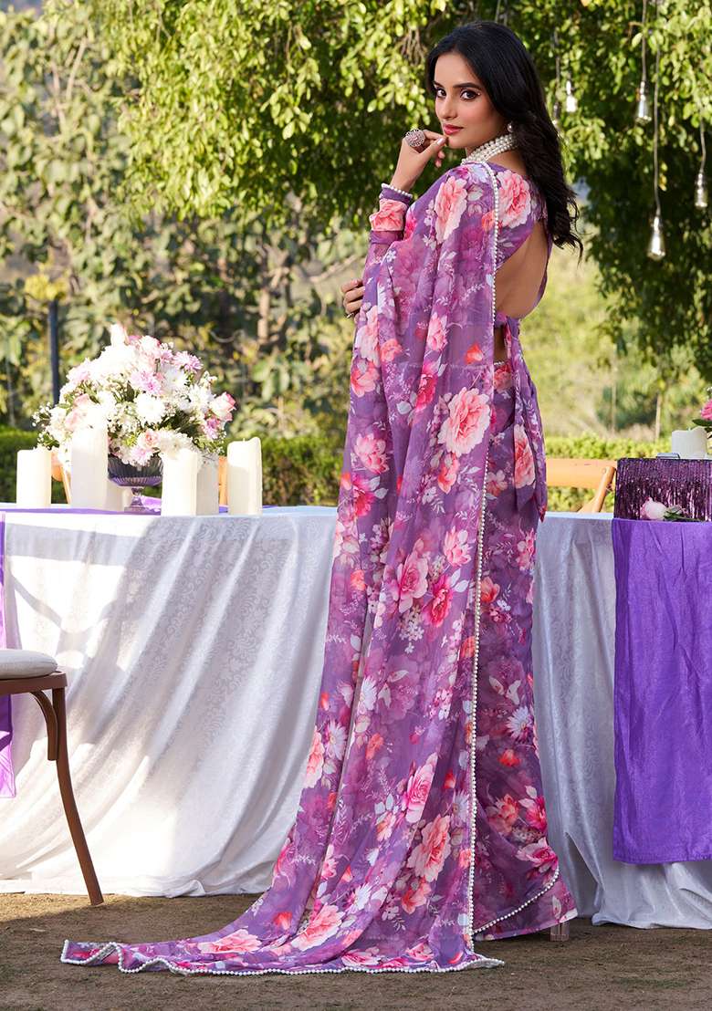 Onion Pink Printed Poly Blend Saree Set - Indya