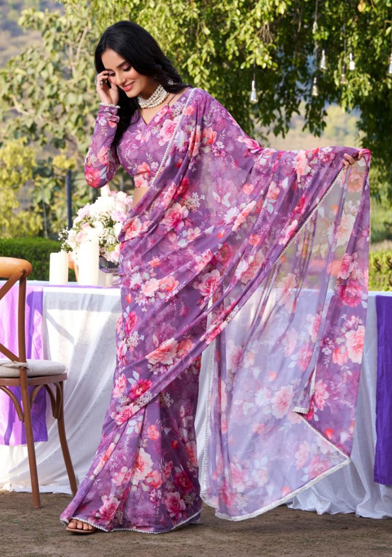 Onion Pink Printed Poly Blend Saree Set