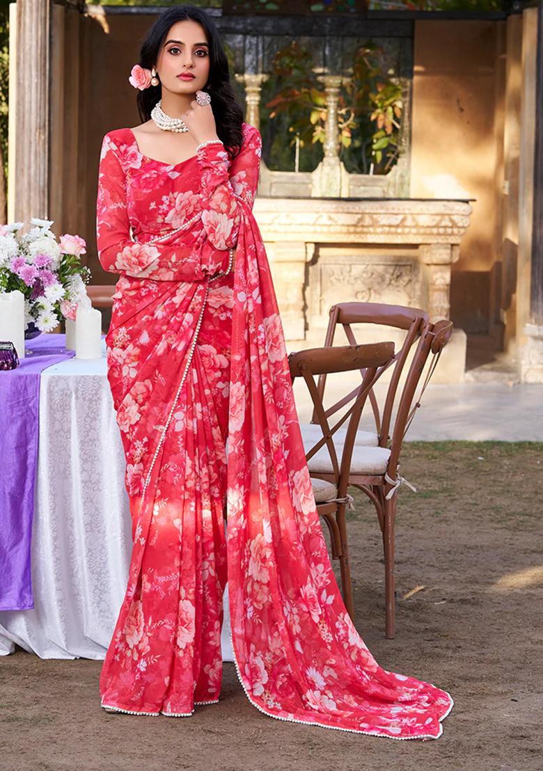 Red Printed Poly Blend Saree Set