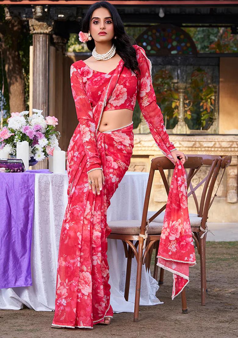 Red Printed Poly Blend Saree Set