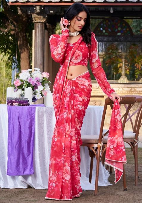 Red Printed Poly Blend Saree Set