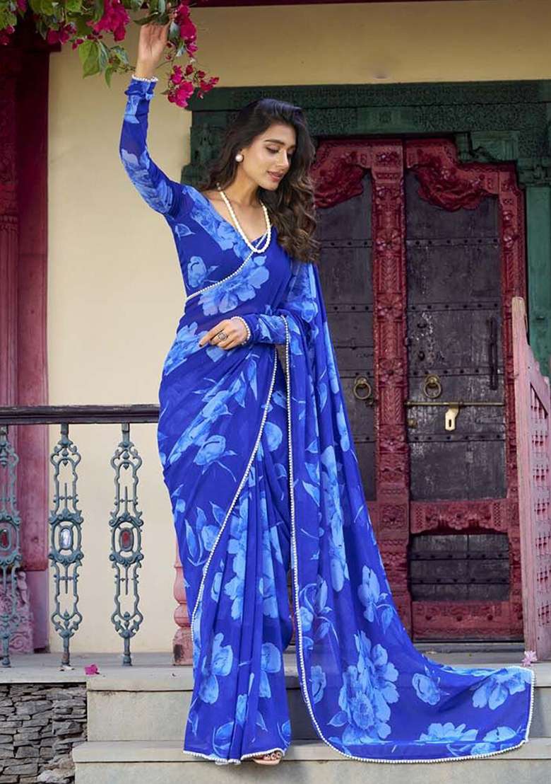 Blue Chiffon Saree Set with Printed for Diwali | Wedding & Festive Wear - Indya