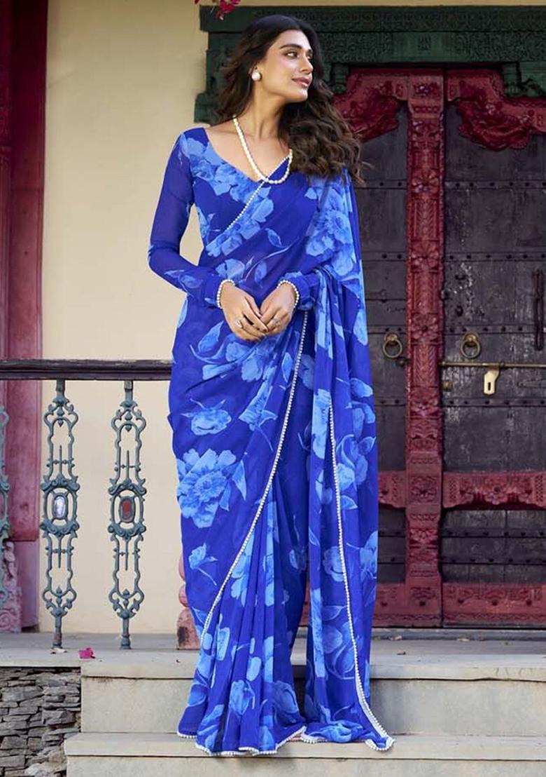 Blue Printed Chiffon Saree Set