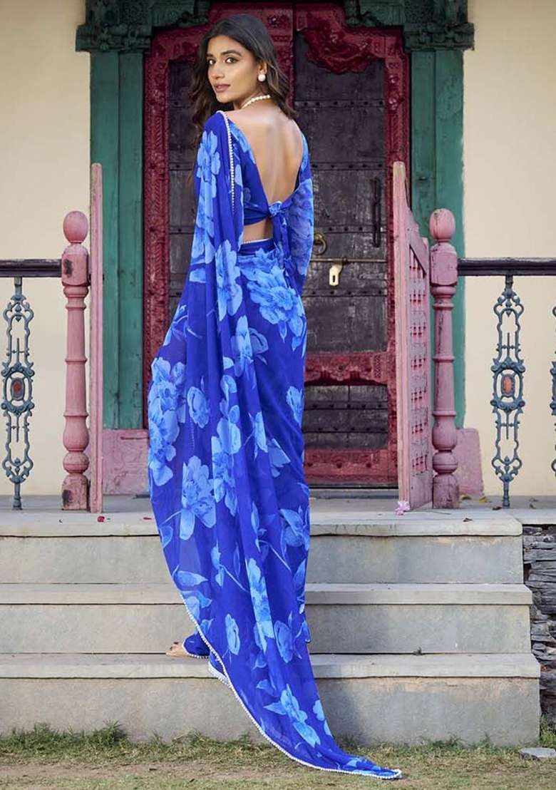 Blue Chiffon Saree Set with Printed for Diwali | Wedding & Festive Wear - Indya