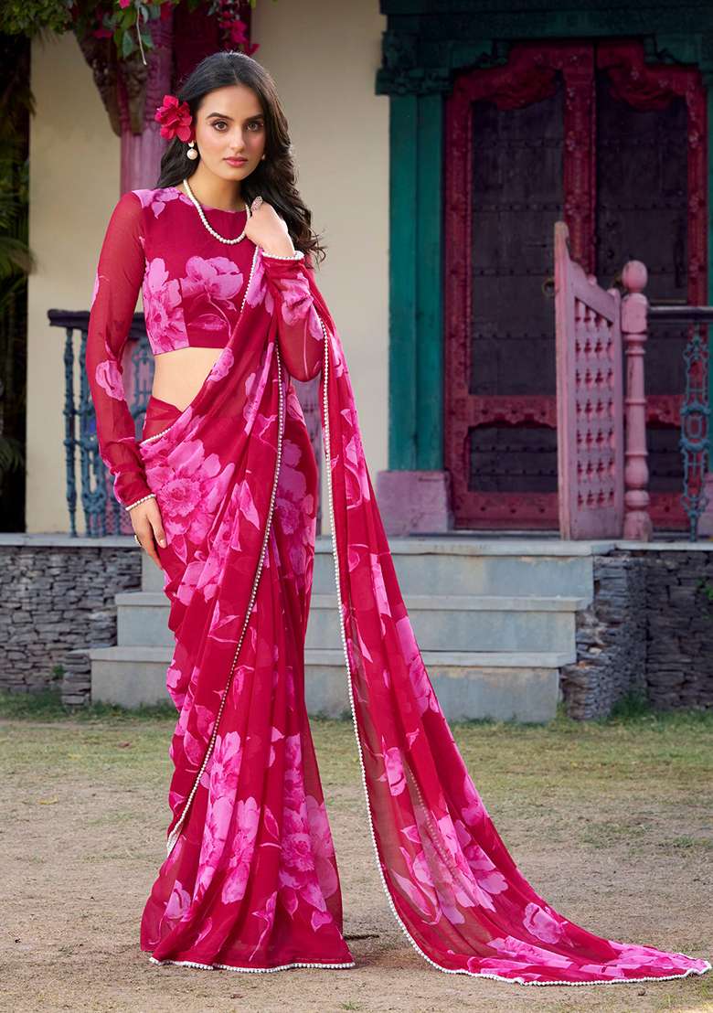 Pink Printed Chiffon Saree Set - Indya