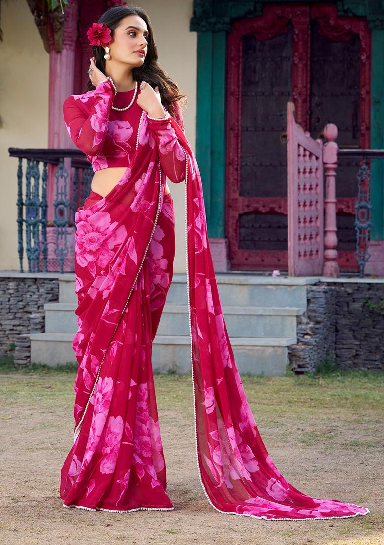 Pink Printed Chiffon Saree Set