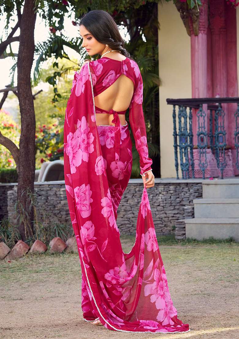 Pink Printed Chiffon Saree Set - Indya