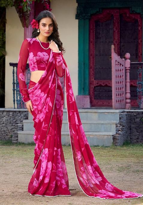 Pink Printed Chiffon Saree Set