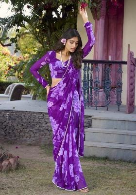 Purple Printed Chiffon Saree Set