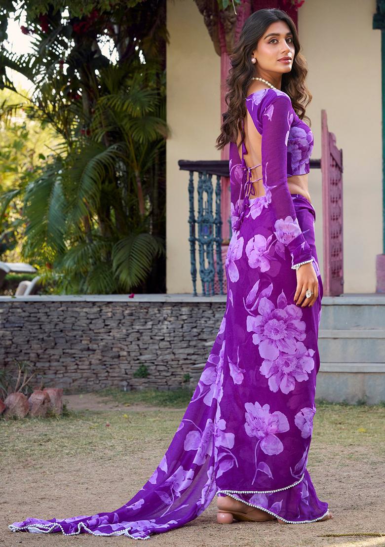 Purple Printed Chiffon Saree Set