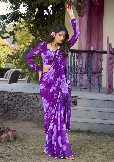 Purple Printed Chiffon Saree Set