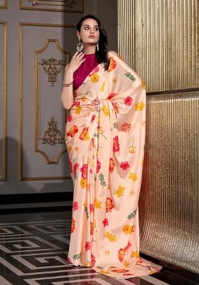 Cream Printed Satin Silk Saree Set