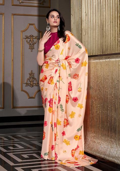 Cream Printed Satin Silk Saree Set