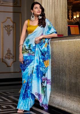 Sea Blue Printed Satin Silk Saree Set