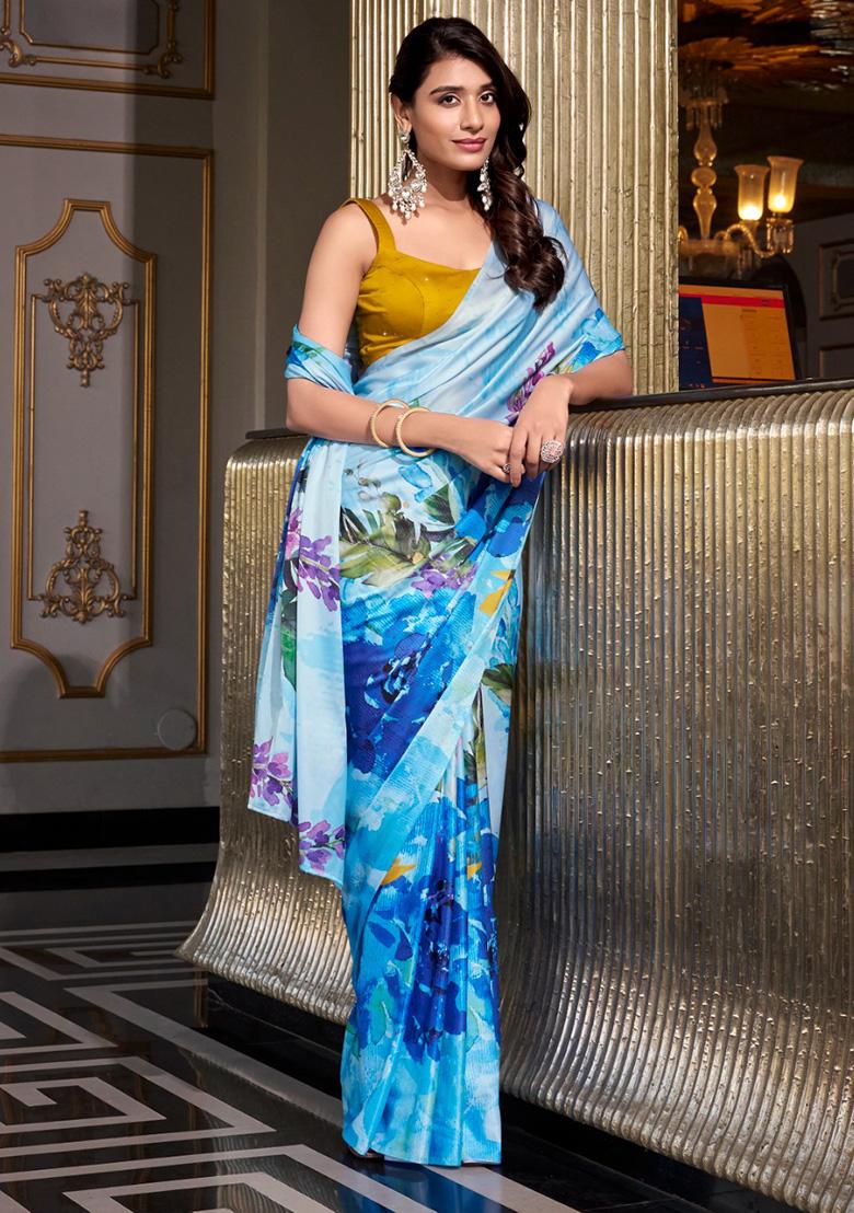 Sea Blue Printed Satin Silk Saree Set
