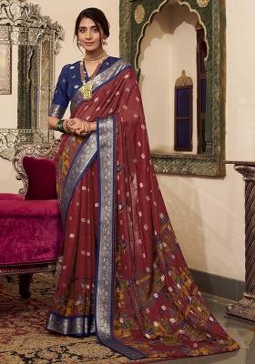 Maroon Kalamkari Print Poly Cotton Saree Set